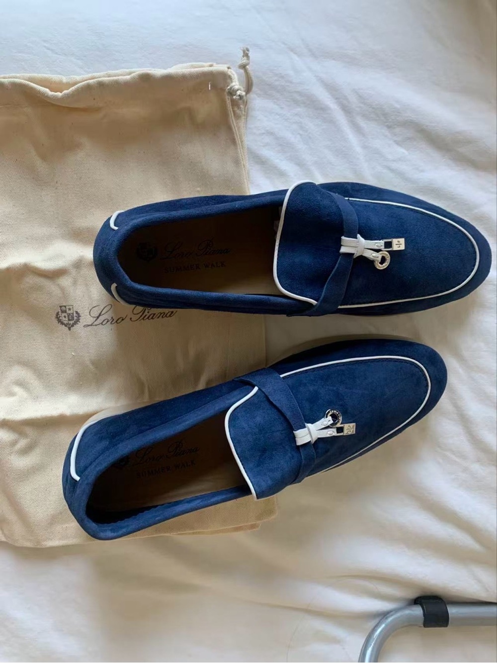 Loro Piana summer walk Navy Suede Loafers with White Trim and Tassel